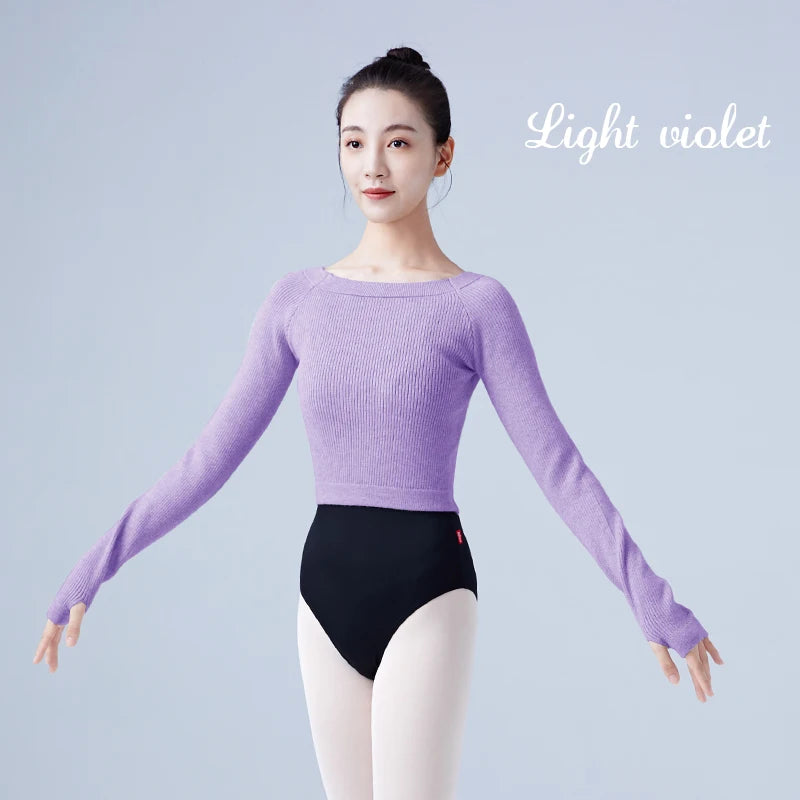 Women Ballet Tops Thermal Sweater Gray Dance Crop Tops Ballet Coat Knitted Sweater Long Sleeve Boat Neck Dance Sweater Winter