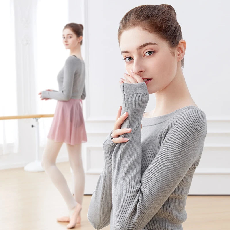 Women Ballet Tops Thermal Sweater Gray Dance Crop Tops Ballet Coat Knitted Sweater Long Sleeve Boat Neck Dance Sweater Winter