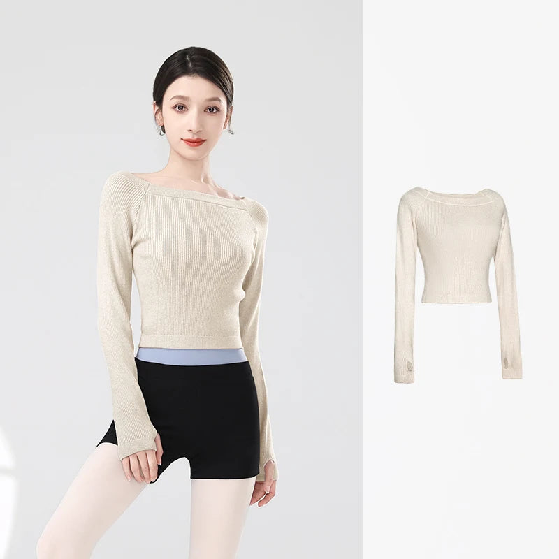 Women Ballet Tops Thermal Sweater Gray Dance Crop Tops Ballet Coat Knitted Sweater Long Sleeve Boat Neck Dance Sweater Winter