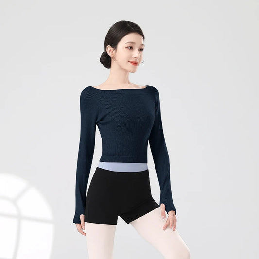 Women Ballet Tops Thermal Sweater Gray Dance Crop Tops Ballet Coat Knitted Sweater Long Sleeve Boat Neck Dance Sweater Winter