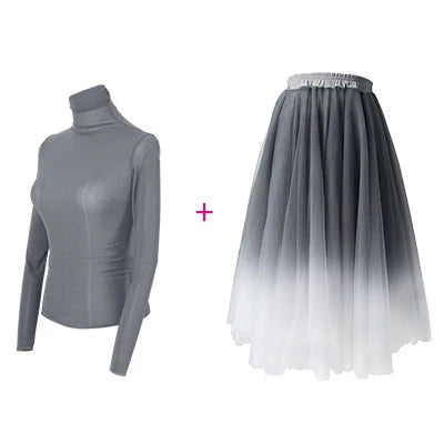 Women Ballet leotards Adults Dance Tops Skirts Suits Adults Soft Gradient Gray Ballet Dress Dance Costumes gtooza.com