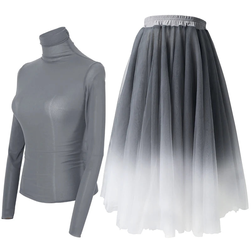 Women Ballet leotards Adults Dance Tops Skirts Suits Adults Soft Gradient Gray Ballet Dress Dance Costumes gtooza.com