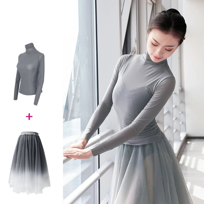 Women Ballet leotards Adults Dance Tops Skirts Suits Adults Soft Gradient Gray Ballet Dress Dance Costumes gtooza.com