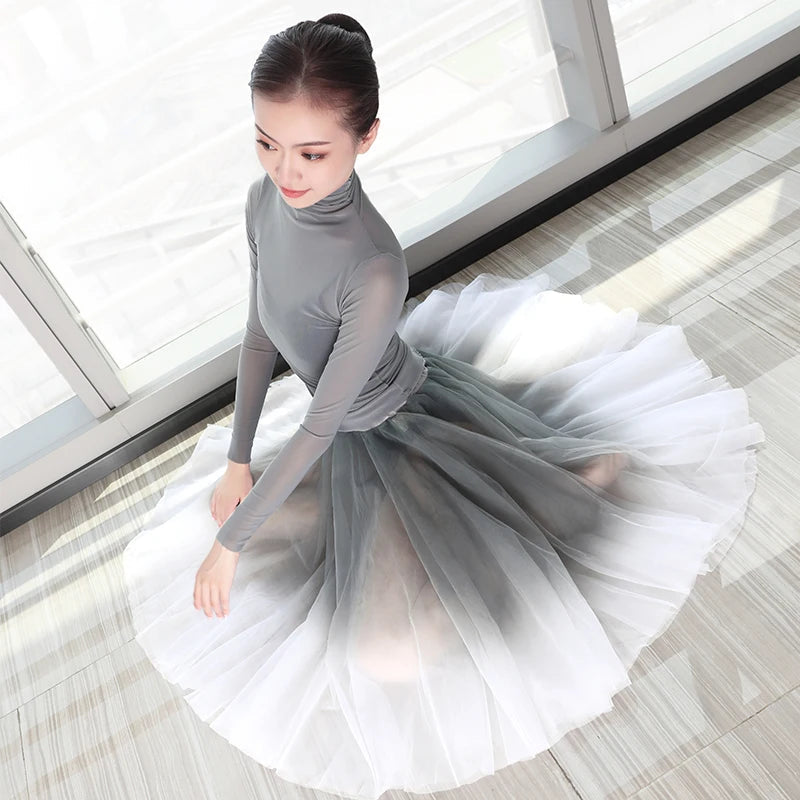 Women Ballet leotards Adults Dance Tops Skirts Suits Adults Soft Gradient Gray Ballet Dress Dance Costumes gtooza.com