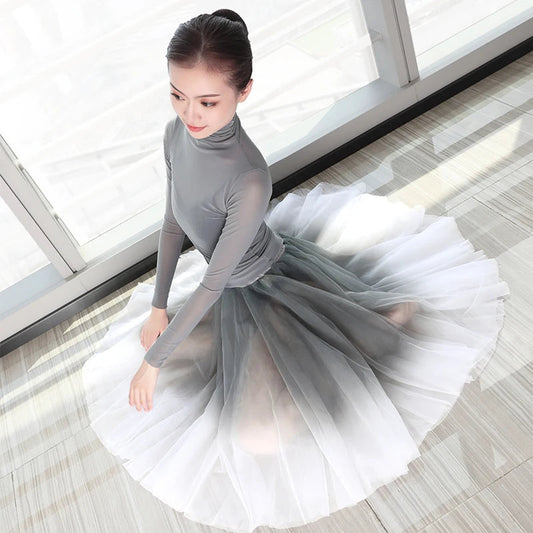 Women Ballet leotards Adults Dance Tops Skirts Suits Adults Soft Gradient Gray Ballet Dress Dance Costumes gtooza.com