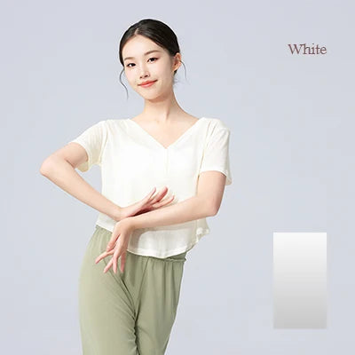 Women Dance Tops V-neck T-shit Short Sleeves Jazz Dance Training Costumes Loose Ballet Sports Yoga Tops Lady Blouse with Buttons