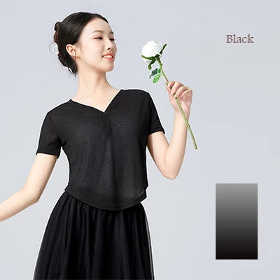 Women Dance Tops V-neck T-shit Short Sleeves Jazz Dance Training Costumes Loose Ballet Sports Yoga Tops Lady Blouse with Buttons