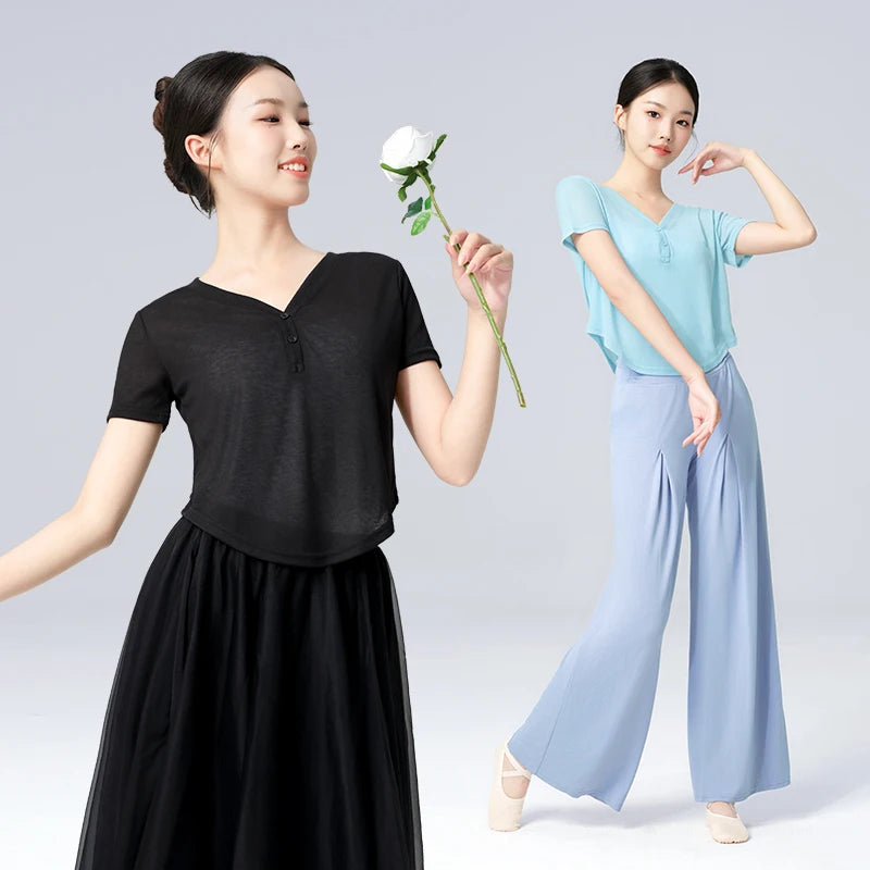 Women Dance Tops V-neck T-shit Short Sleeves Jazz Dance Training Costumes Loose Ballet Sports Yoga Tops Lady Blouse with Buttons