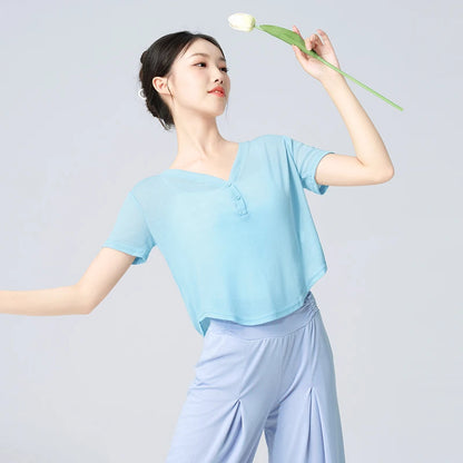 Women Dance Tops V-neck T-shit Short Sleeves Jazz Dance Training Costumes Loose Ballet Sports Yoga Tops Lady Blouse with Buttons