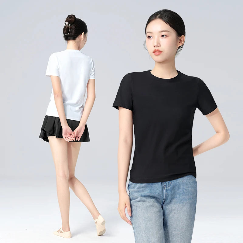 Women Quick-dry T-shirts Modern Dance Costumes Short-Sleeved Yoga Sport T-shirts Adult Teen Stretch Gymnastics Tops gtooza.com