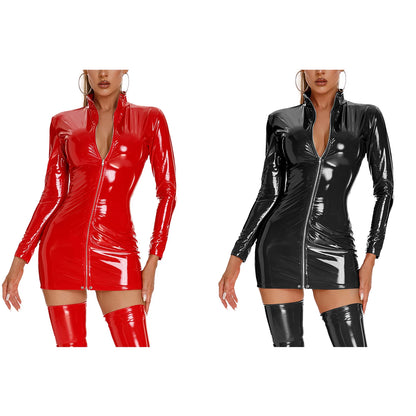 Women's Sexy Bodycon Dress Latex Faux Leather Cocktail Evening Party Short Black Red Solid Mini Dresses Clubwear Pole Dancing