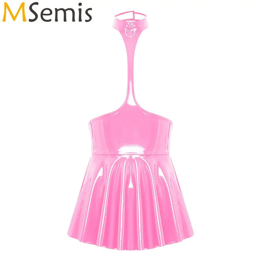 Womens Lingerie Breast Exposing Skirt Mini Dress Wet Look Patent Leather Backless Open Chest Halter Ruffled Latex Dress Clubwear