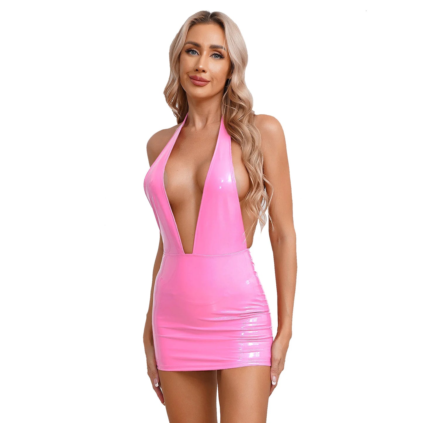 Womens Skinny Mini Skirt Dress for Rave Party Patent Leather Glossy Wet Look Bodycon Latex PVC Dress with Back Zipper Closure