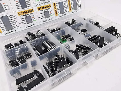 XL IC Chip Assortment 150 pcs, opamp, oscillator, pwm, PC817, NE555, LM358, LM324, JRC4558, LM393, LM339, NE5532, LM386, TDA2030