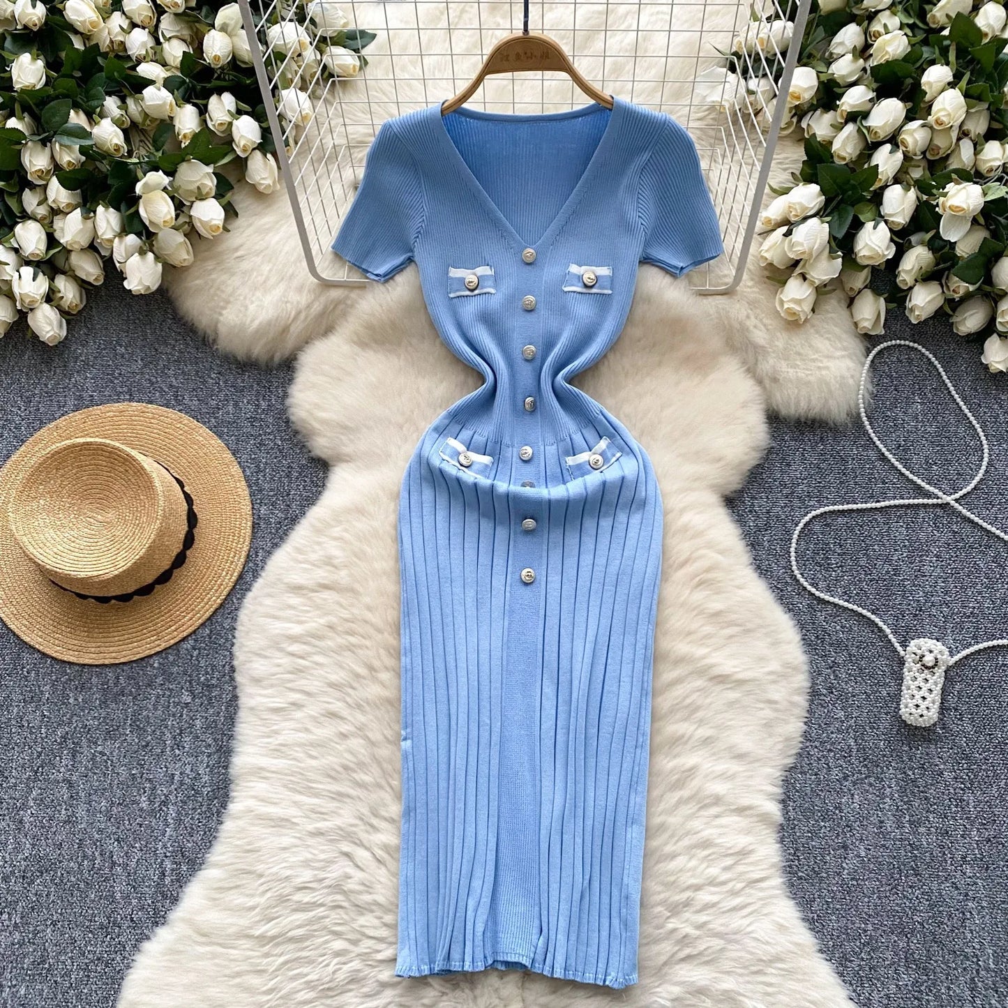 YuooMuoo Chic Fashion Sexy Wrap Hips Knitted Dress Women V-neck Short Sleeve Bodycon Pleated Sweater Dress Office Lady Vestios