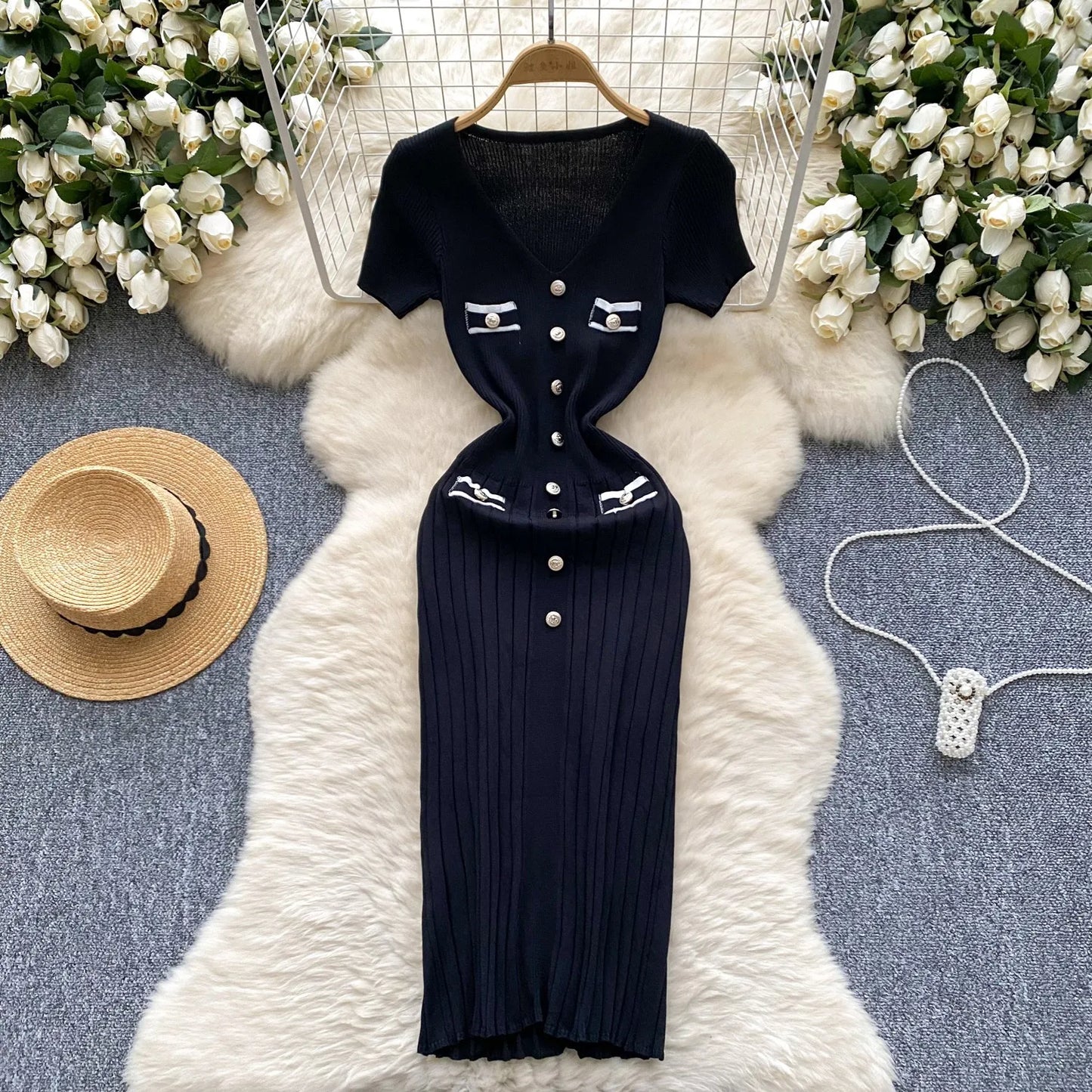 YuooMuoo Chic Fashion Sexy Wrap Hips Knitted Dress Women V-neck Short Sleeve Bodycon Pleated Sweater Dress Office Lady Vestios