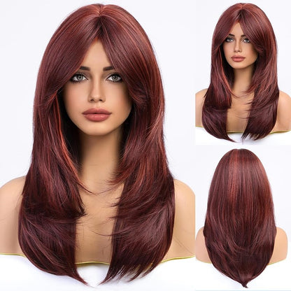 Brown Wigs for Women Highlight Wigs with Bangs Long Straight Layered Heat Resistant Synthetic Wigs