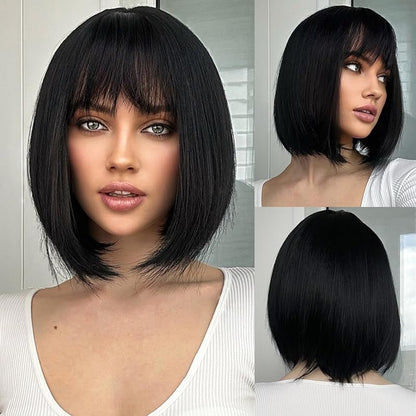 Bob Black Brown Wig with Bangs Natural Short Straight Wigs for Women Shoulder Length Synthetic Wigs for Daily Cosplay