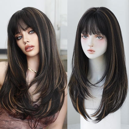 7JHH WIGS Hair Dye Wig for Women Synthetic Hair Natural Long Straight Wig With Bangs (22inch, Black tea)