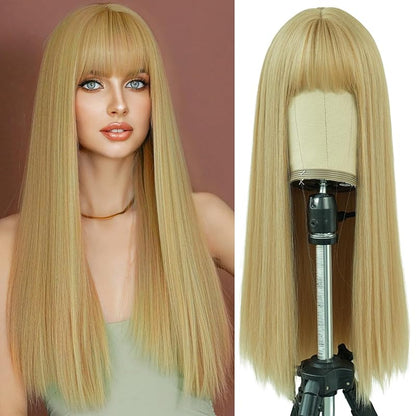 7JHH WIGS Hair Dye Wig for Women Synthetic Hair Natural Long Straight Wig With Bangs (22inch, Black tea)