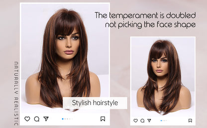 Brown Wigs for Women Highlight Wigs with Bangs Long Straight Layered Heat Resistant Synthetic Wigs