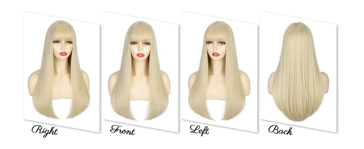 Blonde Wig with Bangs, Long Straight Wigs for Women Natural Hair Wigs Synthetic Blonde Wigs for Girls Daily Party Halloween Cosplay Wig 22 Inch