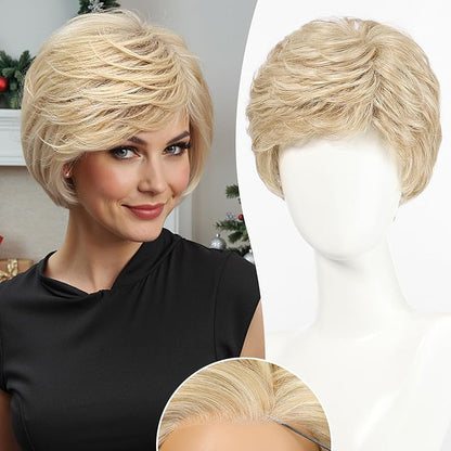 Blonde Shoulder Length Straight Wig for Women,Fiber  Remy Human Hair Blend Natural Daily Use 18IN