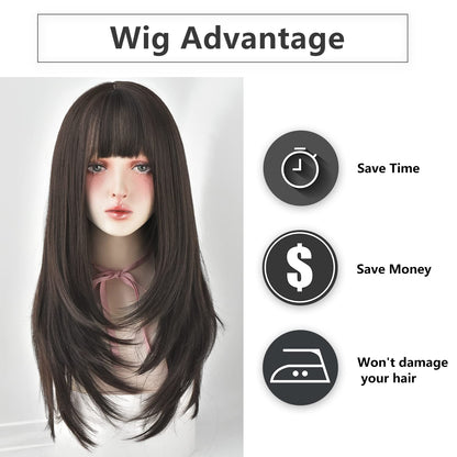 7JHH WIGS Hair Dye Wig for Women Synthetic Hair Natural Long Straight Wig With Bangs (22inch, Black tea)