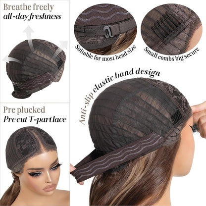 Pre Cut Lace Glueless Wig Wear and Go Synthetic Lace Front Body Wave Ombre Brown Wig with Bangs Pre Plucked Glueless Ready to Wear Wigs for Women Middle Part 26 Inch