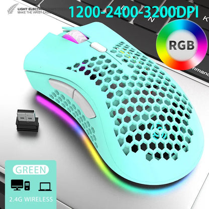 PCMice 2 4G Wireless Mouse RGB Light Honeycomb Gaming Rechargeable USB Desk