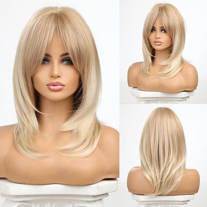 Brown Wigs for Women Highlight Wigs with Bangs Long Straight Layered Heat Resistant Synthetic Wigs