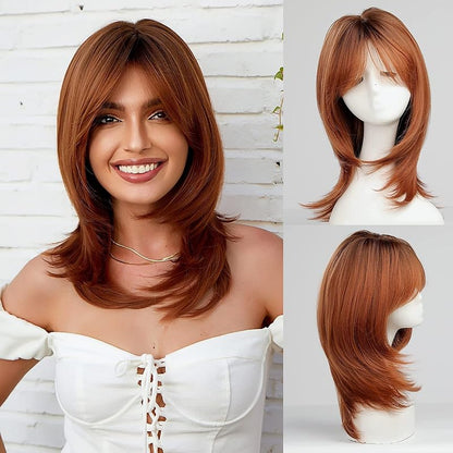 Brown Wigs for Women Highlight Wigs with Bangs Long Straight Layered Heat Resistant Synthetic Wigs