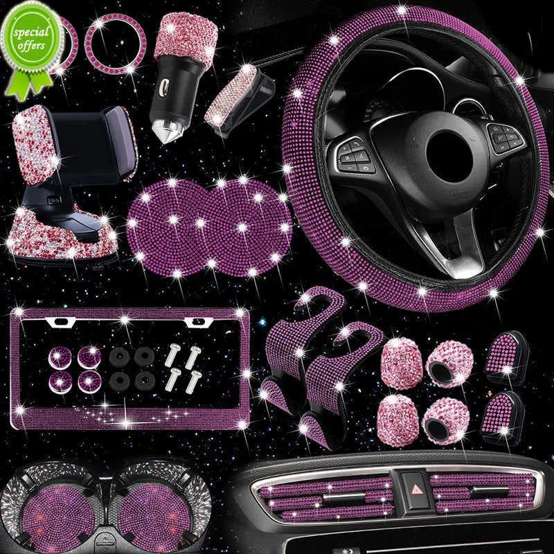 New New 27Pcs Bling Car Accessories Set for Women Steering Wheel Cover Lice