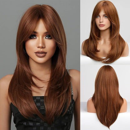 Brown Wigs for Women Highlight Wigs with Bangs Long Straight Layered Heat Resistant Synthetic Wigs