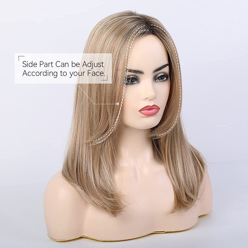 Blonde Shoulder Length Straight Wig for Women,Fiber  Remy Human Hair Blend Natural Daily Use 18IN