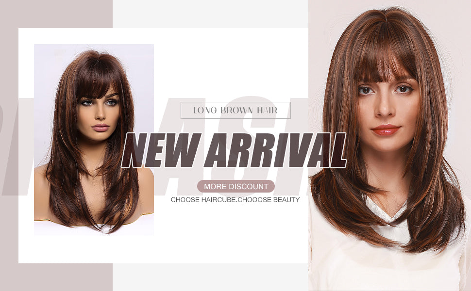 Brown Wigs for Women Highlight Wigs with Bangs Long Straight Layered Heat Resistant Synthetic Wigs