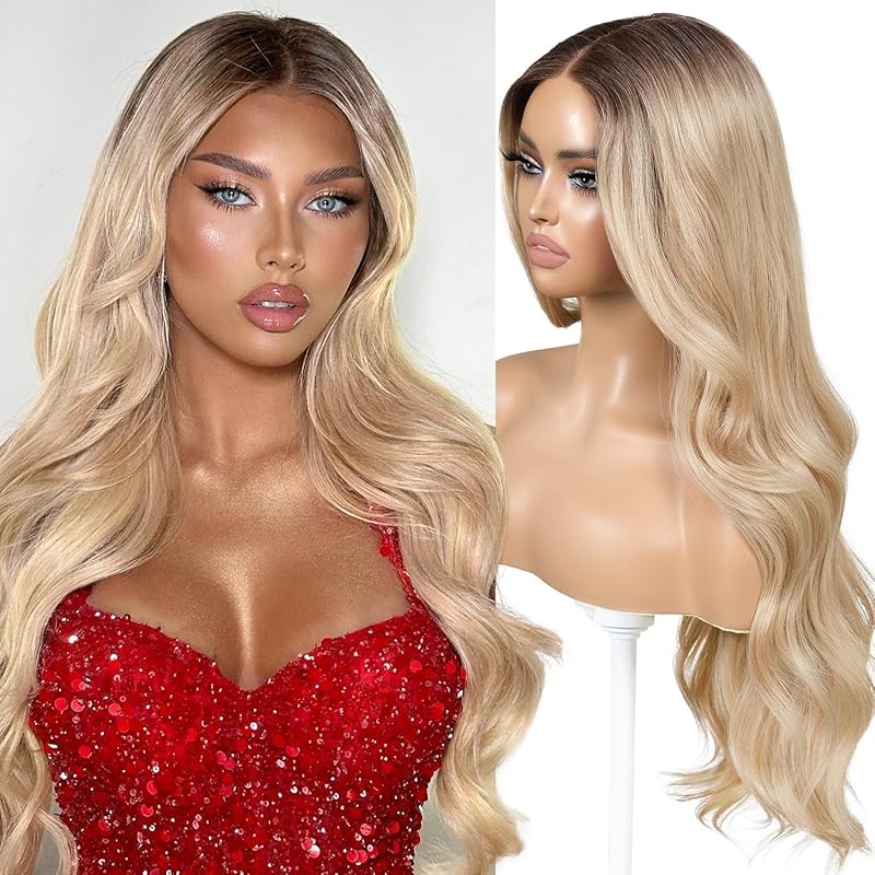 Pre Cut Lace Glueless Wig Wear and Go Synthetic Lace Front Body Wave Ombre Brown Wig with Bangs Pre Plucked Glueless Ready to Wear Wigs for Women Middle Part 26 Inch