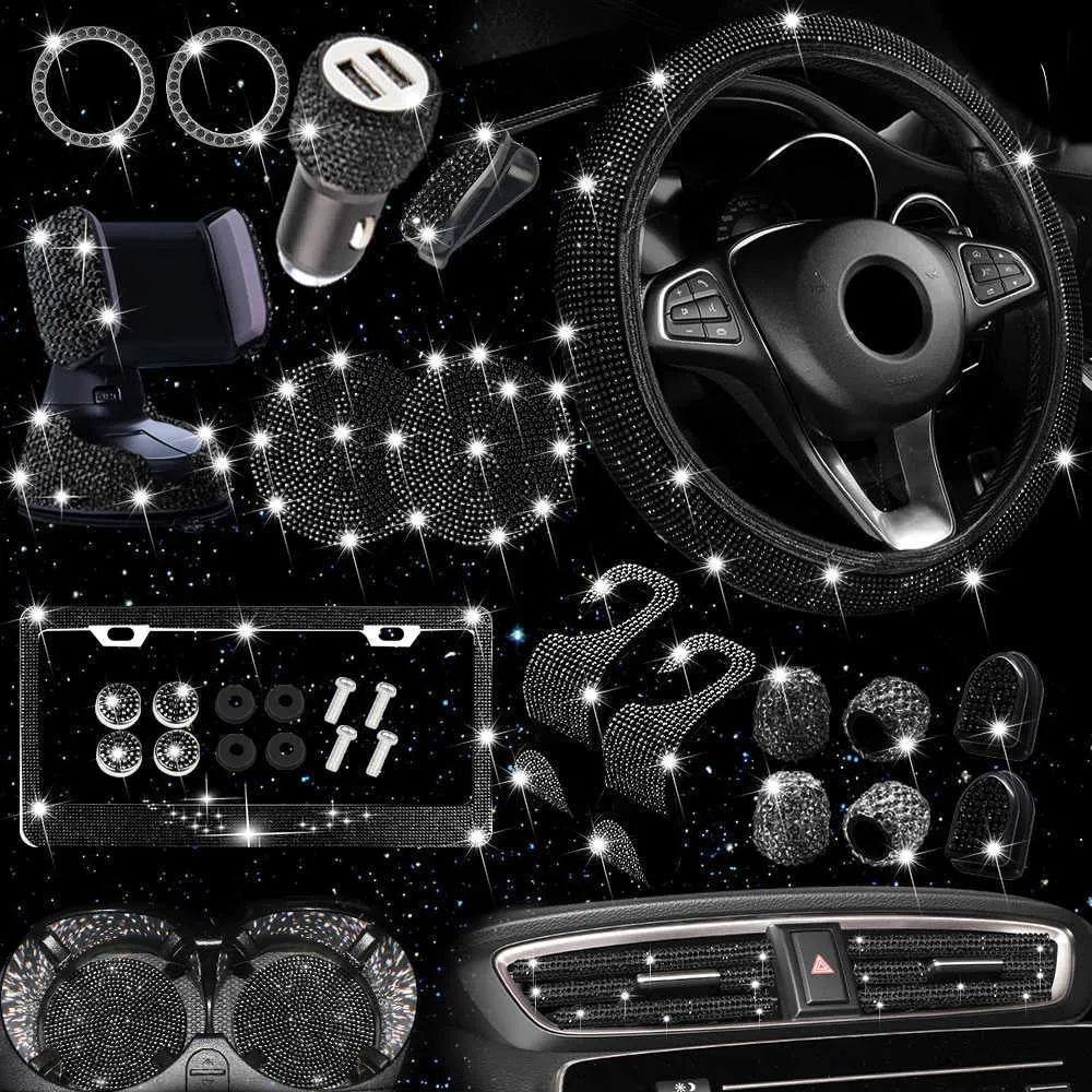 New New 27Pcs Bling Car Accessories Set for Women Steering Wheel Cover Lice