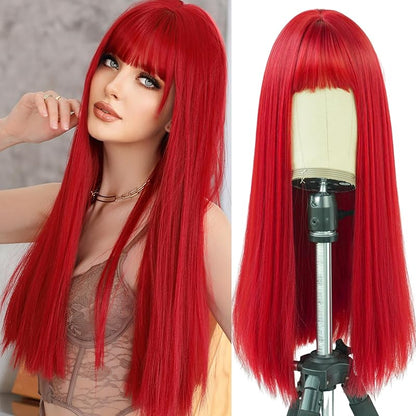 7JHH WIGS Hair Dye Wig for Women Synthetic Hair Natural Long Straight Wig With Bangs (22inch, Black tea)