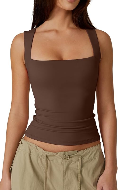 Women's Square Neck Sleeveless Double-Layer Tank Tops Basic Tight T Shirts