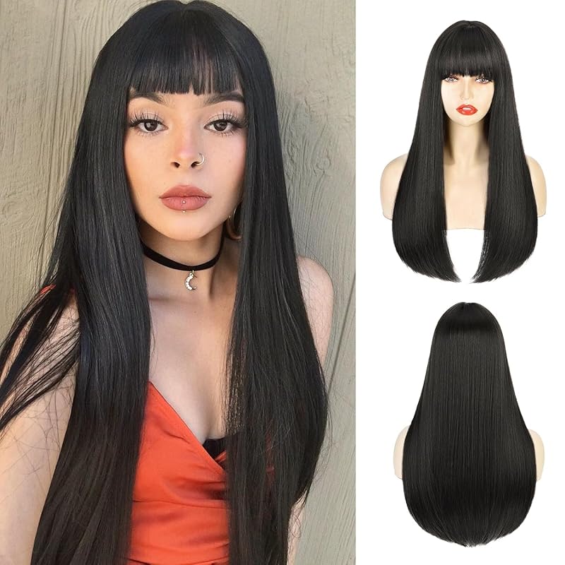 Blonde Wig with Bangs, Long Straight Wigs for Women Natural Hair Wigs Synthetic Blonde Wigs for Girls Daily Party Halloween Cosplay Wig 22 Inch