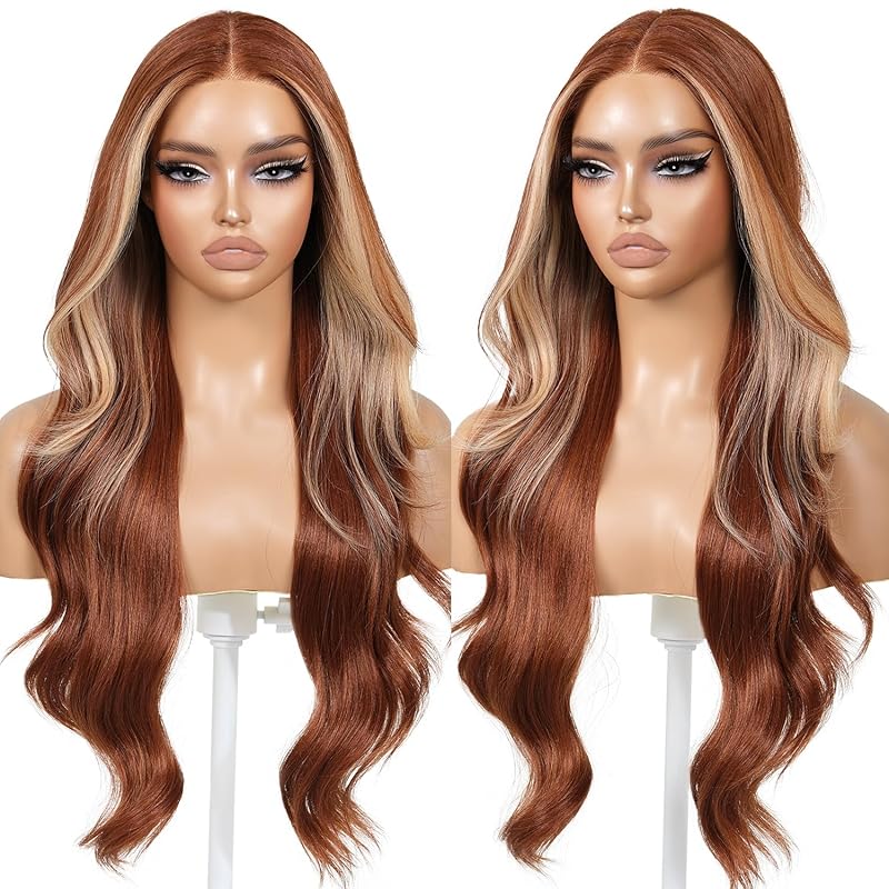 Pre Cut Lace Glueless Wig Wear and Go Synthetic Lace Front Body Wave Ombre Brown Wig with Bangs Pre Plucked Glueless Ready to Wear Wigs for Women Middle Part 26 Inch