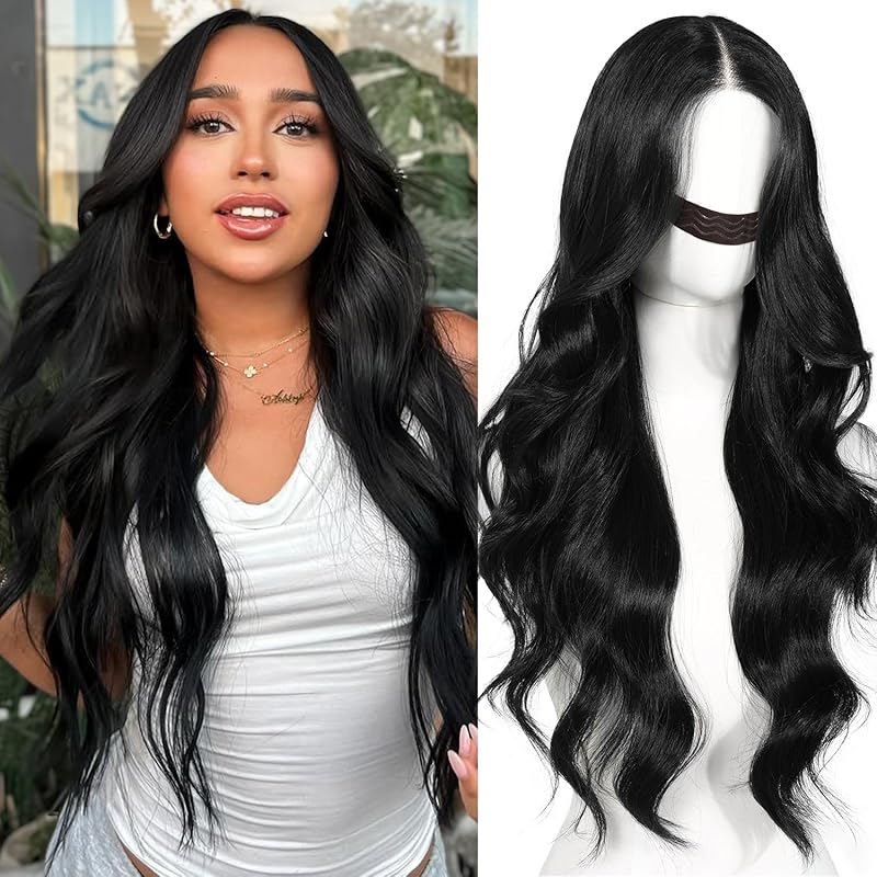 Pre Cut Lace Glueless Wig Wear and Go Synthetic Lace Front Body Wave Ombre Brown Wig with Bangs Pre Plucked Glueless Ready to Wear Wigs for Women Middle Part 26 Inch