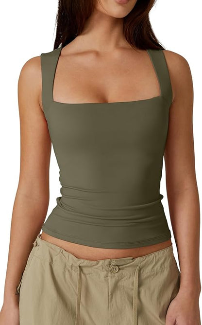 Women's Square Neck Sleeveless Double-Layer Tank Tops Basic Tight T Shirts