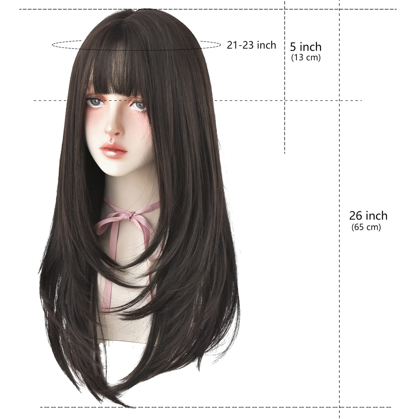 7JHH WIGS Hair Dye Wig for Women Synthetic Hair Natural Long Straight Wig With Bangs (22inch, Black tea)