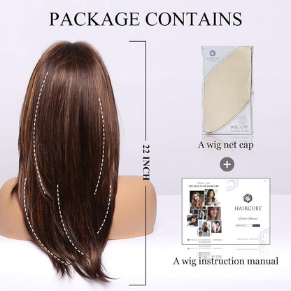 Brown Wigs for Women Highlight Wigs with Bangs Long Straight Layered Heat Resistant Synthetic Wigs