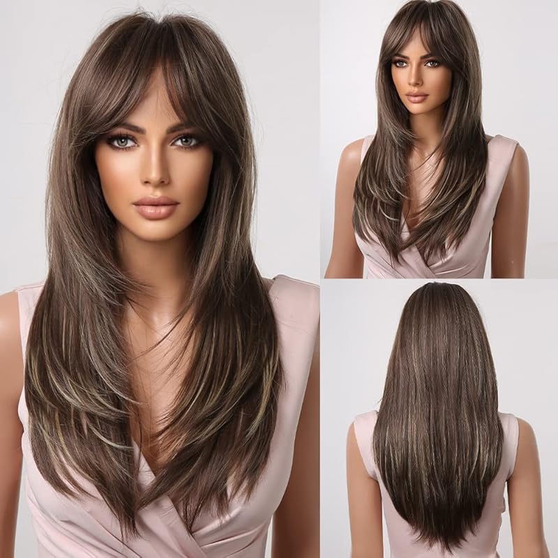 Brown Wigs for Women Highlight Wigs with Bangs Long Straight Layered Heat Resistant Synthetic Wigs