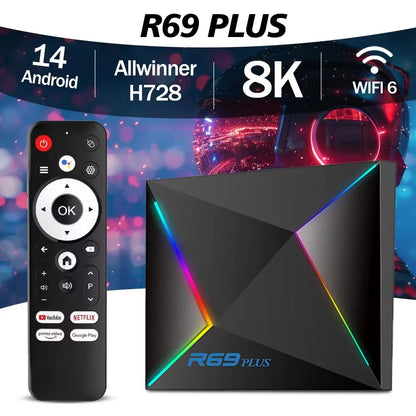 NewR69 Plus TV Box Android14 Allwinner H728 Quas Core Chip Wifi6 1000M Lan