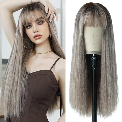 7JHH WIGS Hair Dye Wig for Women Synthetic Hair Natural Long Straight Wig With Bangs (22inch, Black tea)