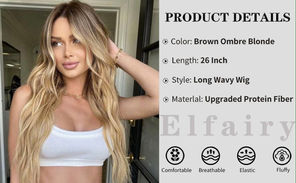 Blonde Wigs for Women 26Inch Long Ombre Blonde Hair Wig Natural Looking Synthetic Middle Part Wig(26 ''Ombre Blonde)